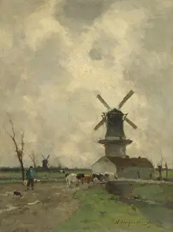 Spring Prints: A Windmill, by Johan Hendrik Weissenbruch, c. 1870-1903, Dutch painting, oil on panel