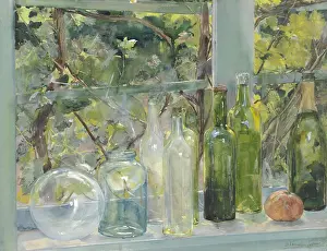 Brush Prints: Window Sill with Bottles, a Glass Globe and an Apple