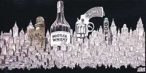 Narcotics Prints: Winsor MaCay 1920's cartoon depicts a cityscape of Bootleg Whisky Crime Dope and Get Rich Quick money lust