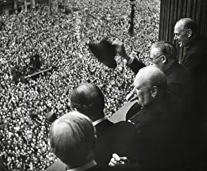 Lcgr1501 Prints: Winston Churchill addressing the crowd at Whitehall during the Victory in Europe celebration