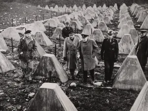 Alliances Prints: Winston Churchill walks among the dragons teeth (tank traps) of the fallen Siegfried Line