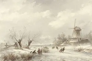 Brush Prints: Winter Landscape with Skaters by a Windmill