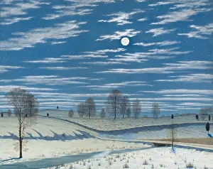 Moonlight Prints: WINTER SCENE IN MOONLIGHT, by Henry Farrer, 1869, American watercolor painting
