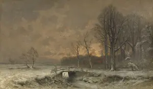 Frozen Prints: Winter Scene with the Sun Setting Behind Trees