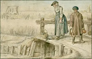Graphite Prints: Winter Scene: Woman and Boy on a Small Bridge