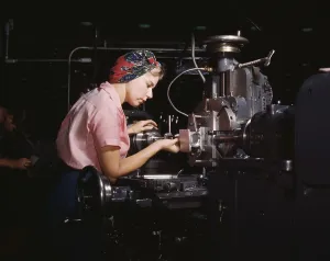 Bombers Prints: Woman defense worker in training at Douglas Aircraft Company plant