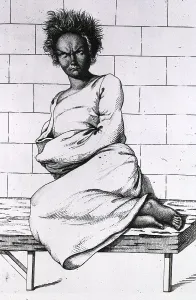Insanity Prints: A woman described as a maniac isrestrained by a strait jacket