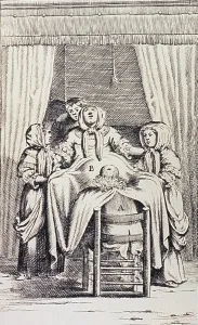At Home Prints: Woman in Labor. 1707 Dutch print of a woman assisted in childbirth by a male midwife