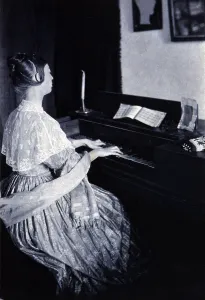 Instrument Prints: Woman playing a spinet piano. 1900 photograph by Frances Stebbins Allen