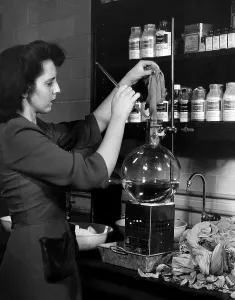 Chemistry Prints: A woman recycles stockings into new nylon for vital military uses at the Du Pont Research Laboratory