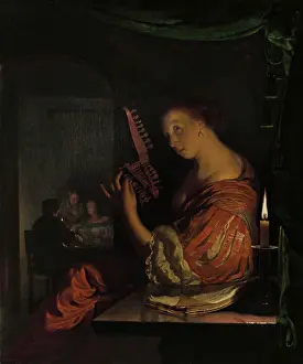 20 35 Years Old Prints: Woman Tuning a Theorbo, by Frans van Mieris (I), 1665, Dutch painting, by oil on panel