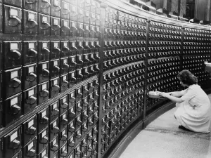 Research Prints: Woman using the card catalog at the Main Reading Room of the Library of Congress, ca. 1940