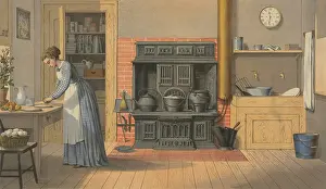 Towel Prints: Woman working in an up-to-date kitchen of 1875