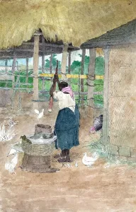 Thatched Roof Prints: Woman in yard, chickens and thatched roof structure nearby