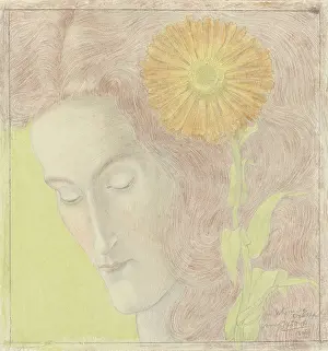 Pastel Prints: Woman's Head With Reddish Hair and Chrysanthemum