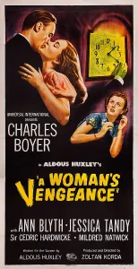 Clock Prints: A WOMAN'S VENGEANCE, l-r: Charles Boyer, Ann Blyth, Jessica Tandy on poster art, 1948