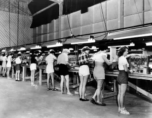 Shorts Prints: Women at Bardwell & McAlister Electronic Plant in Burbank work in shorts during a heat wave