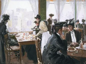Edwardian Prints: Women dining in skyscraper restaurant in an American city