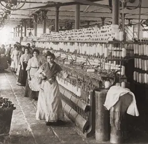Industrial Revolution Prints: Women and girls working in the spooling room of a cotton mill in Malaga, Spain. 1898