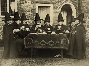 1410lito Prints: Eight women in high hats having tea