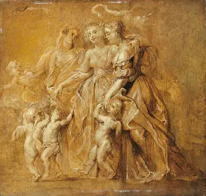 Monochrome Prints: Three Women with Putti in an Open Space, by Peter Paul Rubens, ca