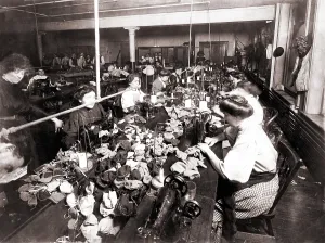 Toys Prints: Women workers sewing teddy bears in an sweat shop assembly line