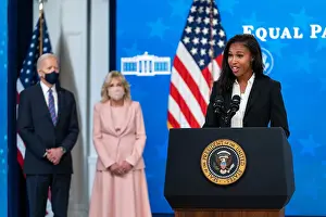 Young Woman Prints: US Women's National soccer player Margaret Midge Purce, speaks at Equal Pay Day event