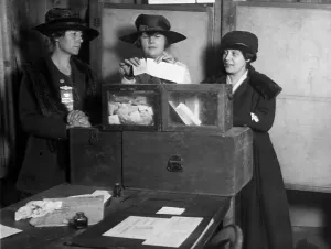 Social Movements Prints: Three women's suffragists casting votes in New York City, ca. 1917