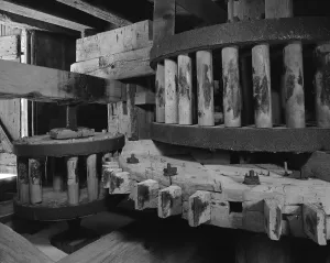 Traditional Prints: Wooden gears inside an old tide mill