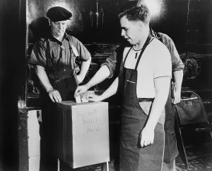 Ballot Box Prints: Workers depositing ballot during a National Labor Relations Board election for union representation at the River Rouge