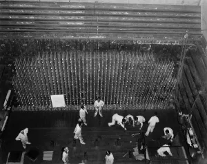 Graphite Prints: Workers laying up the graphite core of the Reactor-B atomic pile