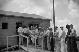 Lines Prints: Workmen receiving paychecks at New Deal worksite