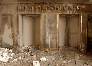 Building Collapse Prints: World Financial Center doorway blanketed in ash and soot after the collapse of the Twin Towers