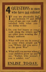 Recruitment Prints: World War 1. 1915 British recruitment poster posing 4 Questions to Men Who Have Not Enlisted