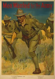 Recruitment Prints: World War 1. American Army recruiting poster showing soldiers with rifles charging