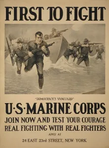Recruitment Prints: World War 1. American recruiting poster showing marines storming a beach