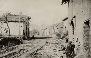 Infantry Prints: World War 1. American soldier in the a shattered French town