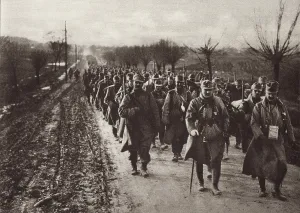 January Prints: World War 1. An Austrian invading column marching through the flat country of Eastern Europe