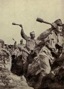 Austria Prints: World War 1. Austrians hurling hand-grenades. Ca. 1916