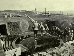 Fortresses Prints: World War 1: Battle of Verdun. A battery of French 75s in action immediately behind Fort Douaumont