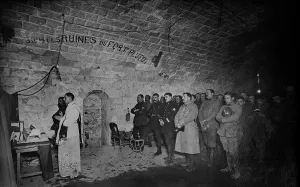 Attacks Prints: World War 1: Battle of Verdun. French soldiers at a Christmas midnight mass at Fort Douaumont