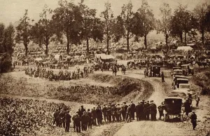 Belgium Prints: World War 1. Belgian prisoners gathered in a hollow by German invaders of Vise, Belgium