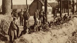 Defenders Prints: World War 1. Belgian soldiers resisting the German invasion on the River Nethe