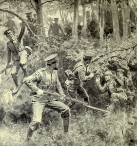 January Prints: World War 1. British soldiers accepting the surrender of starving German soldiers who were stranded without food or