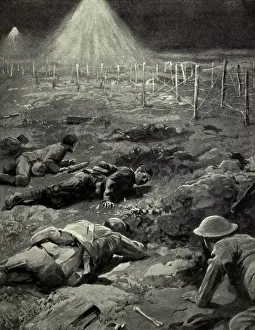 January Prints: World War 1. British soldiers creeping through no man's land to raid the enemy's trench