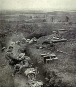 Mechanized Prints: World War 1. British soldiers with their machine-guns in a captured Hindenburg Line trench during the Battle of Cambrai