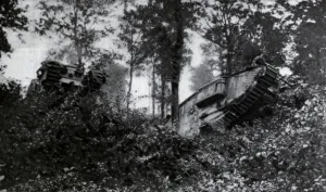Mechanized Prints: World War 1. British tank in action on the Cambrai Battlefield tackling a wooded area