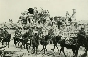 Mounted Prints: World War 1. British Troops passing the ruins of the Cathedral of Albert