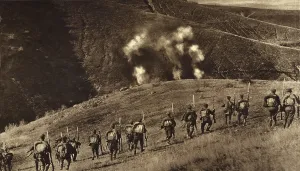 Attacks Prints: World War 1. Bulgarians advancing in counter attack against a heavy barrage laid down by the Serbia Artillery
