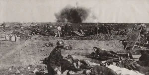 Anonymous Group Portraits Prints: World War 1. The bursting of a Jack Johnson 40 cm shell just beyond a Canadian field dressing station on the Western